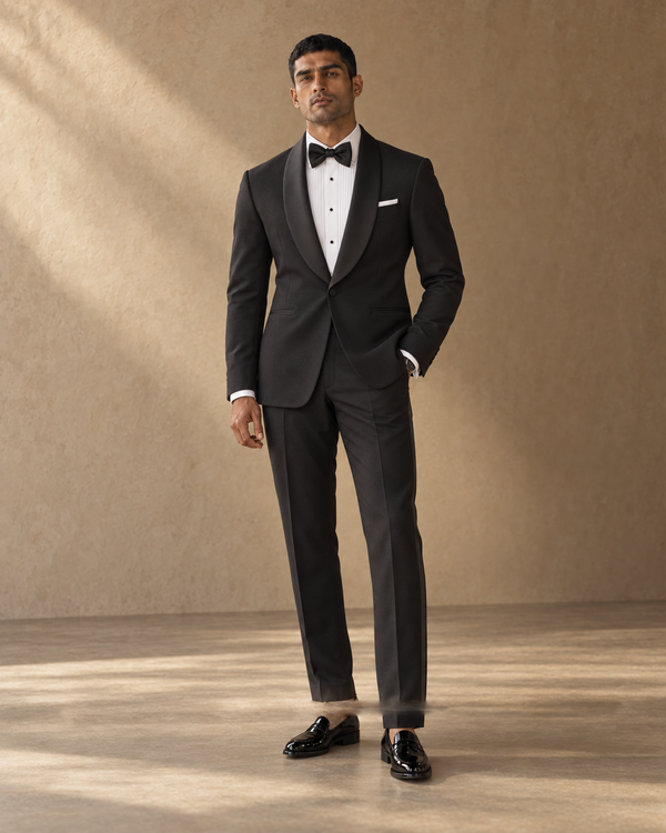 The Vesper black shawl-collar fine-wool tuxedo, front full-length view