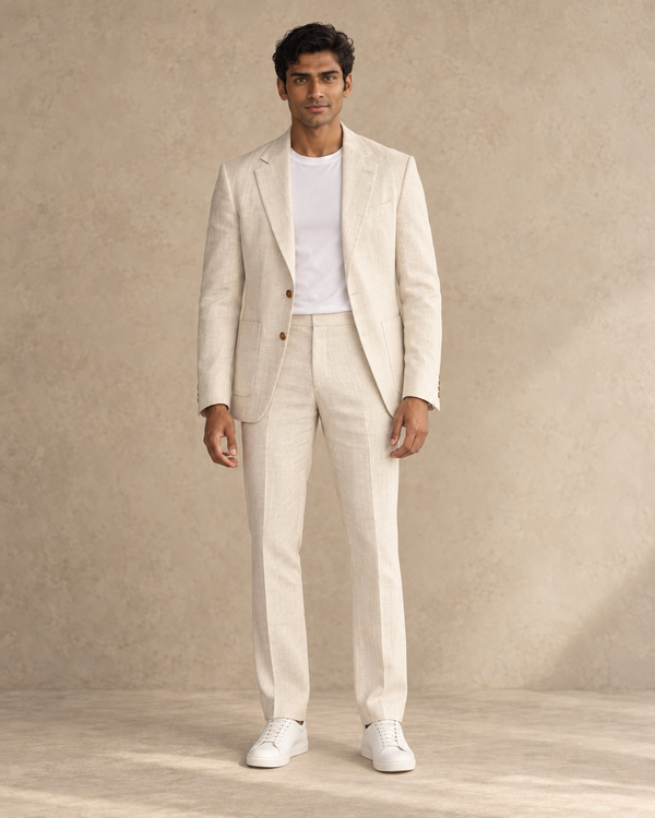The Solis natural-off-white cotton-linen suit, front view, worn with a T-shirt and sneakers