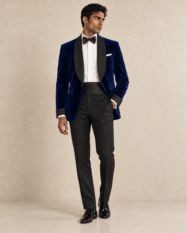 The Velour midnight-blue cotton-velvet tuxedo, satin shawl lapels, satin turn-back cuffs and one covered front button