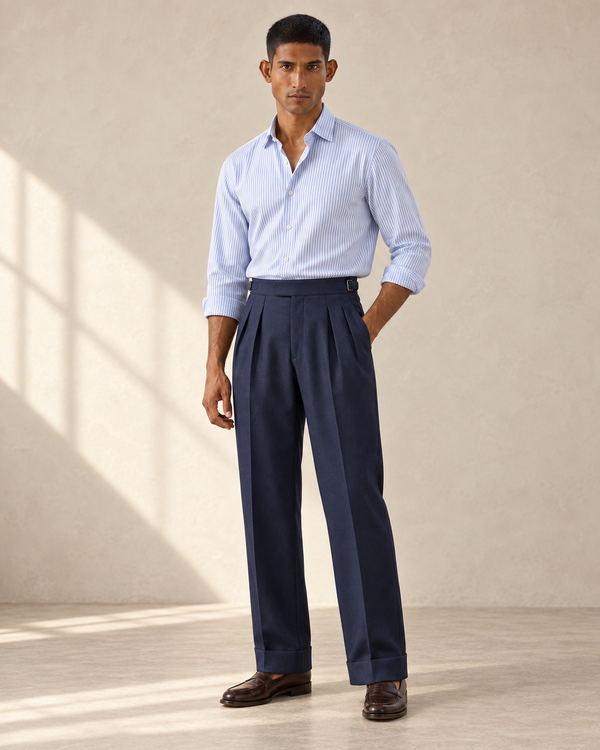 SALVE The Cadogan double-pleated trousers in navy, front full-length view
