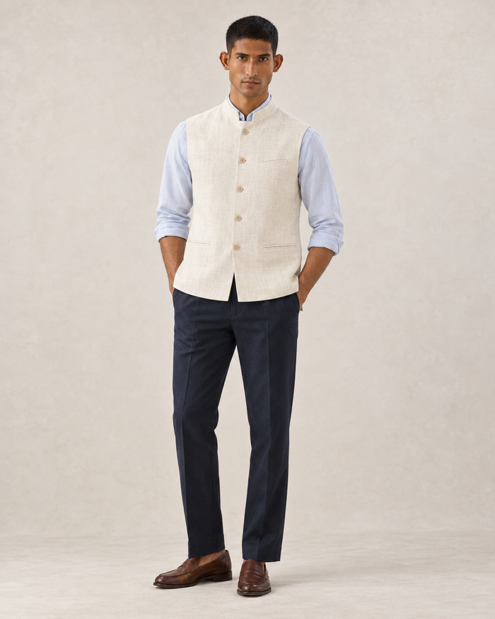 SALVE The Lumen linen Nehru jacket in cream, front view