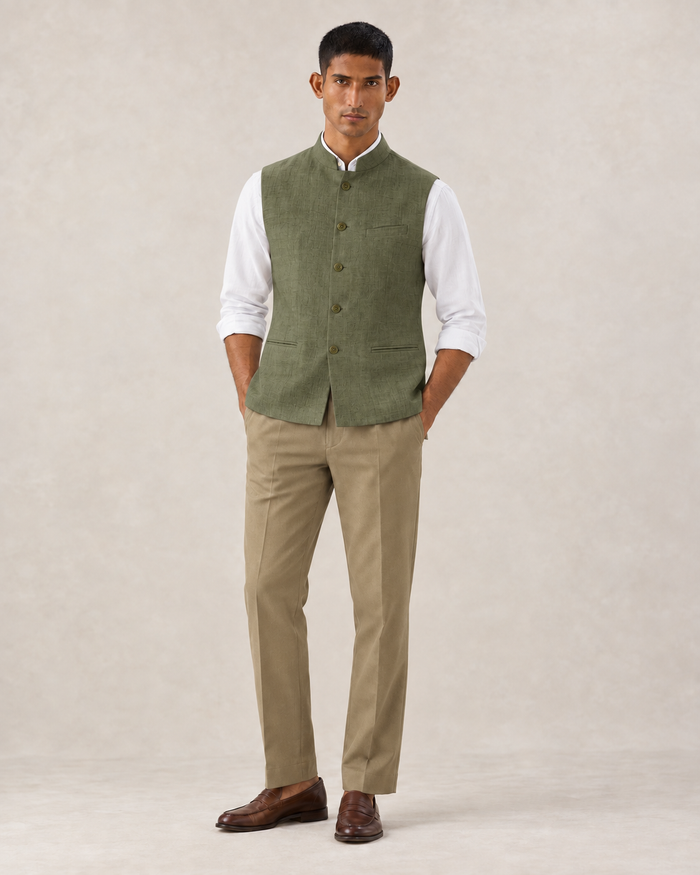 SALVE The Lumen linen Nehru jacket in olive-green, front view