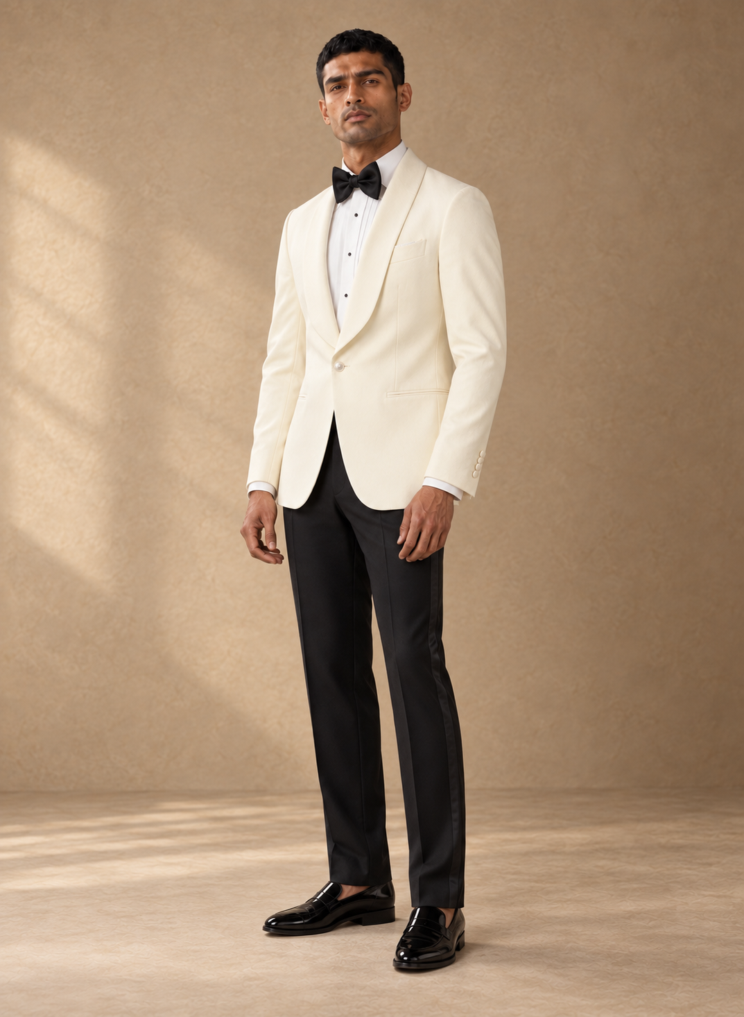 The Ivory off-white shawl-collar dinner jacket — fit three quarter