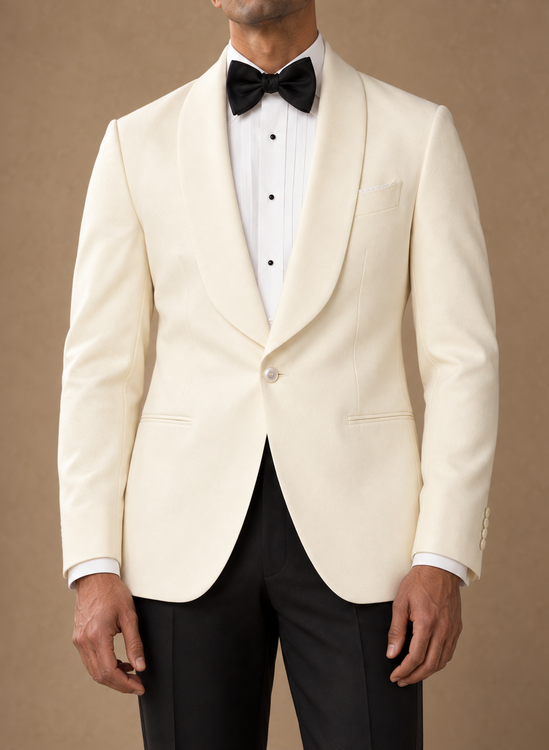 The Ivory off-white shawl-collar dinner jacket — lapel button detail