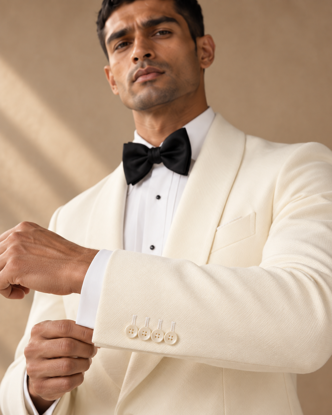 The Ivory off-white shawl-collar dinner jacket — fabric cuff detail