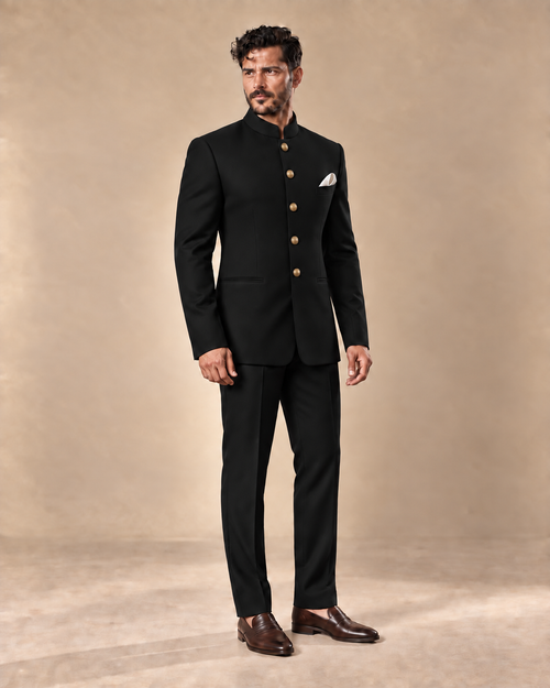 SALVE The Jaipur bandhgala suit in black, three-quarter view