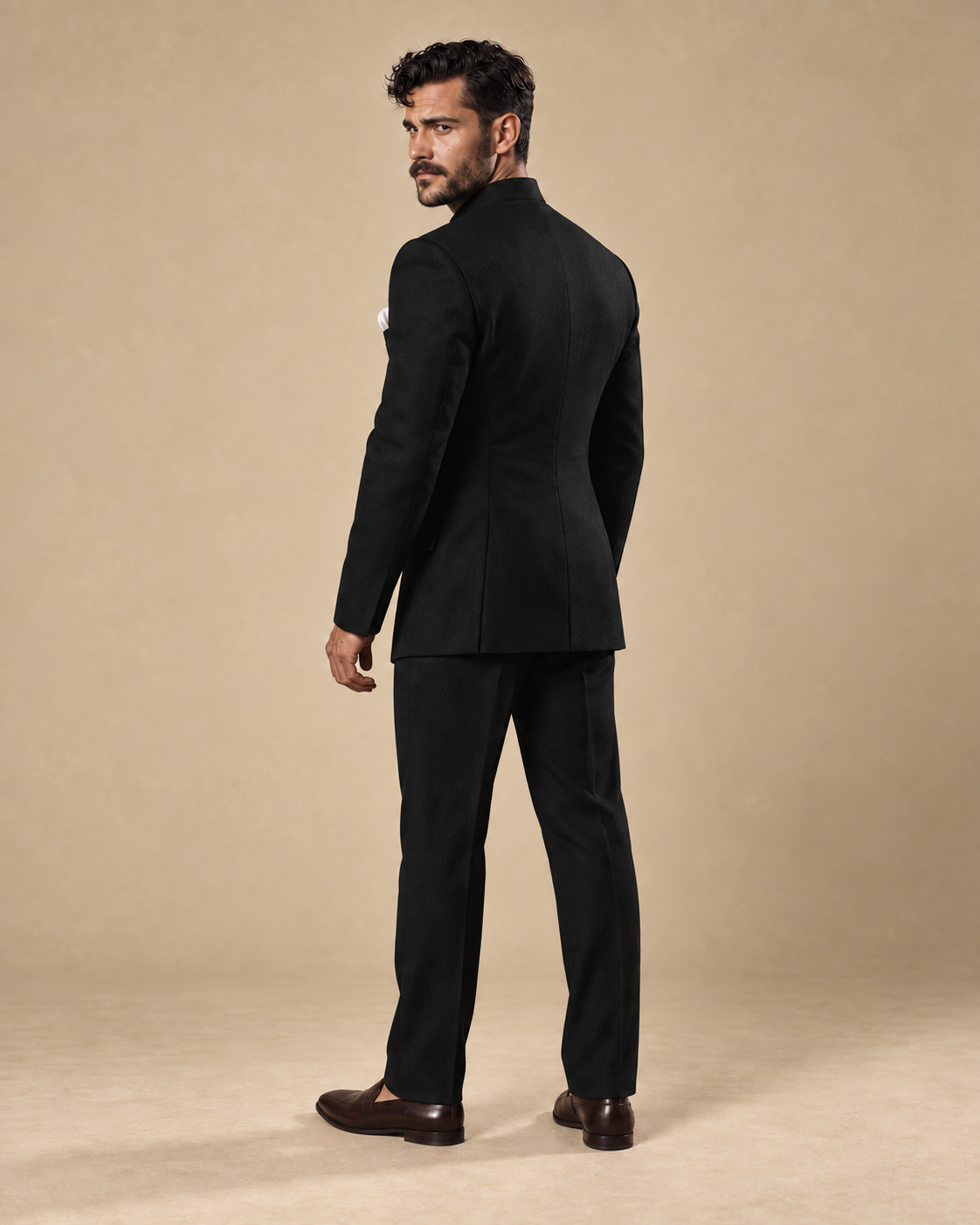 The Jodhpur black fine-wool Jodhpur suit, rear three-quarter view