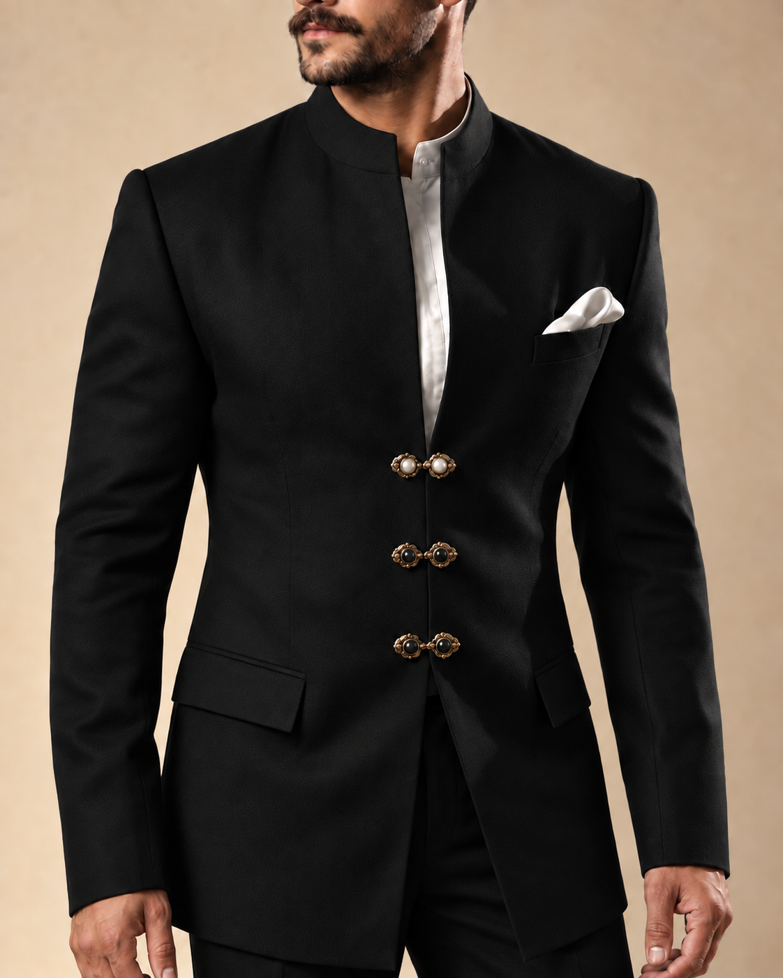 The Jodhpur black Jodhpur suit, standing collar and clasp detail