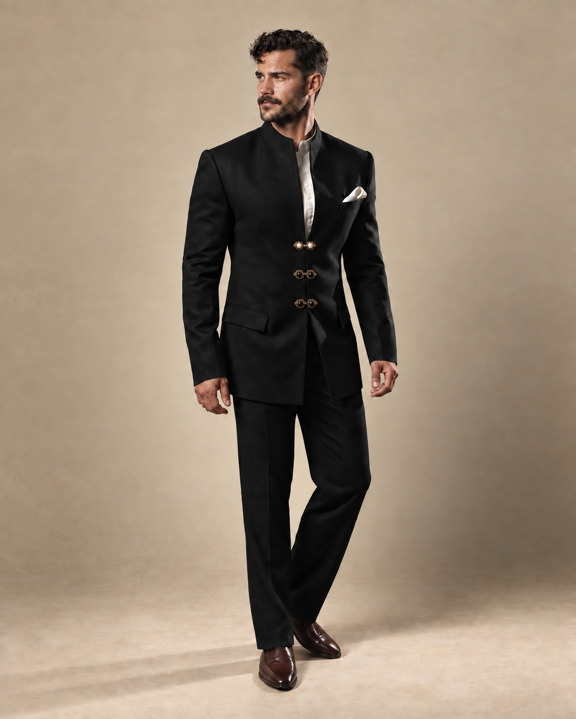 The Jodhpur black fine-wool Jodhpur suit, three-quarter fit view