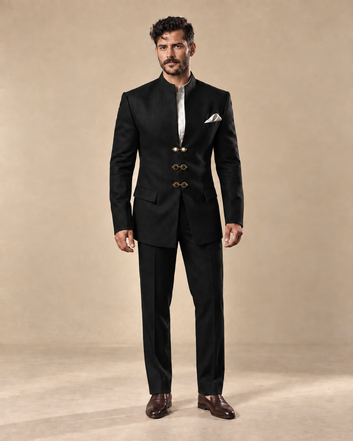 The Jodhpur black fine-wool Jodhpur suit, front full-length view