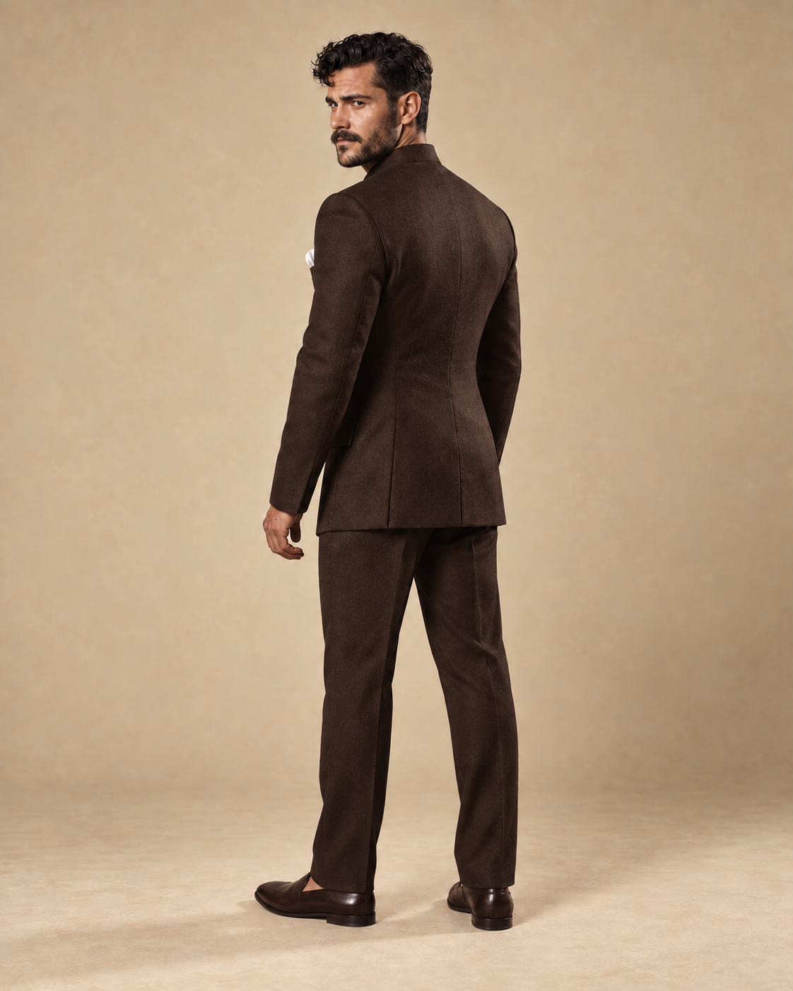 The Jodhpur chocolate-brown fine-wool Jodhpur suit, rear three-quarter view