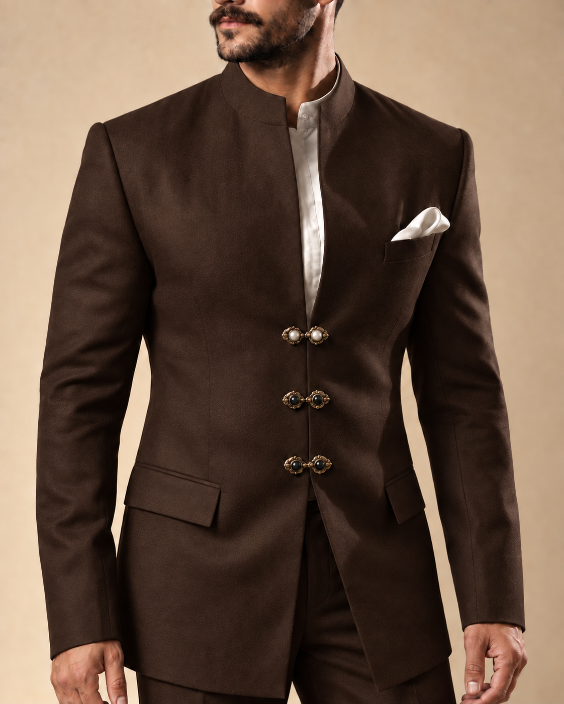 The Jodhpur chocolate-brown Jodhpur suit, standing collar and clasp detail