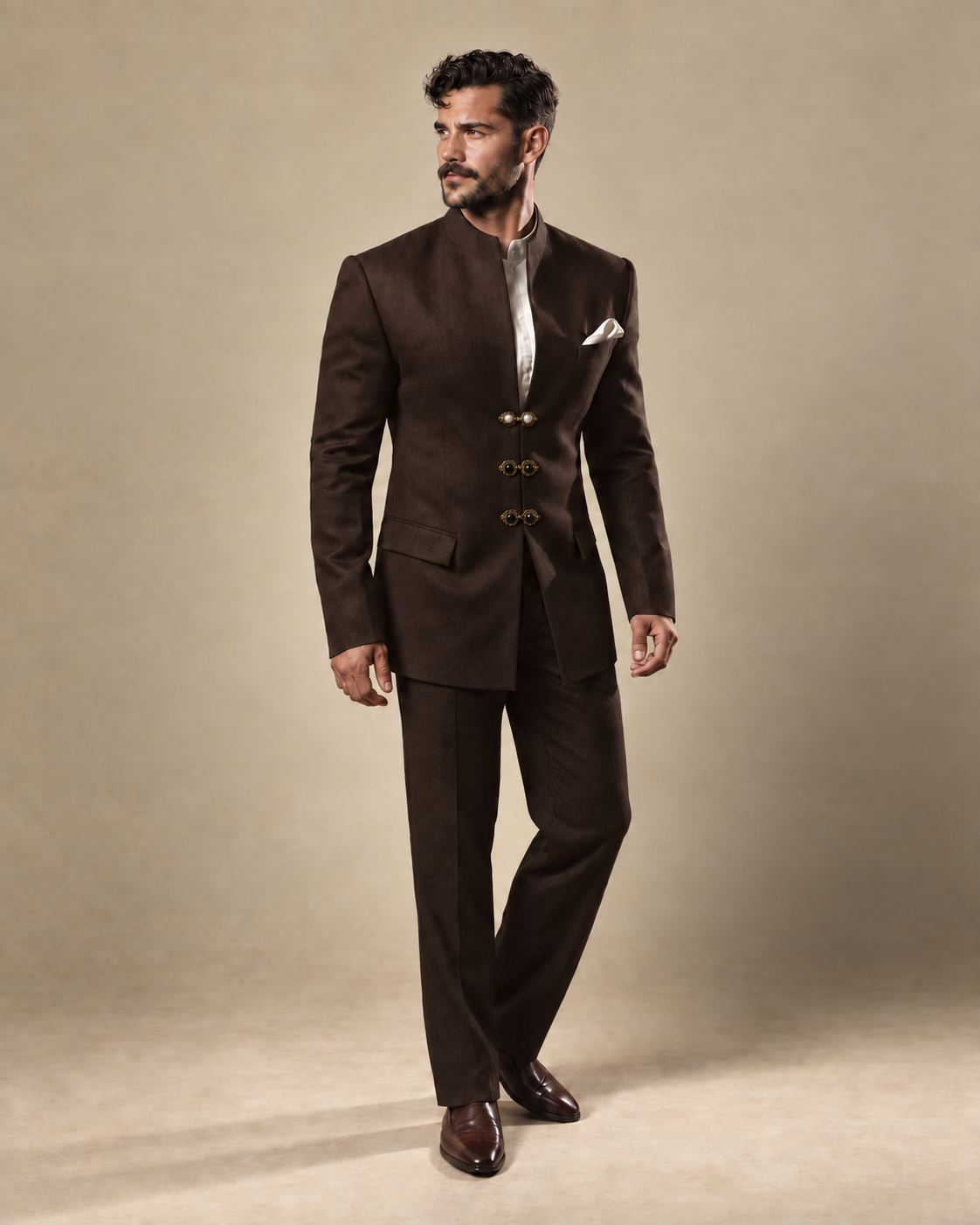 The Jodhpur chocolate-brown fine-wool Jodhpur suit, three-quarter fit view