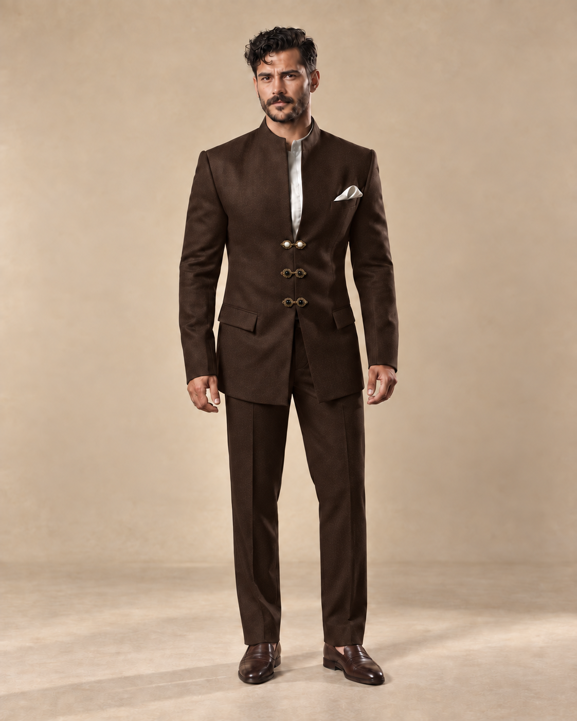 The Jodhpur chocolate-brown fine-wool Jodhpur suit, front full-length view
