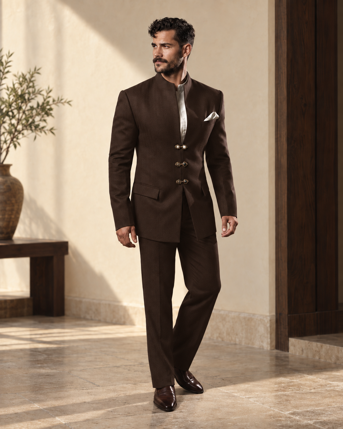 The Jodhpur chocolate-brown Jodhpur suit styled for a wedding reception