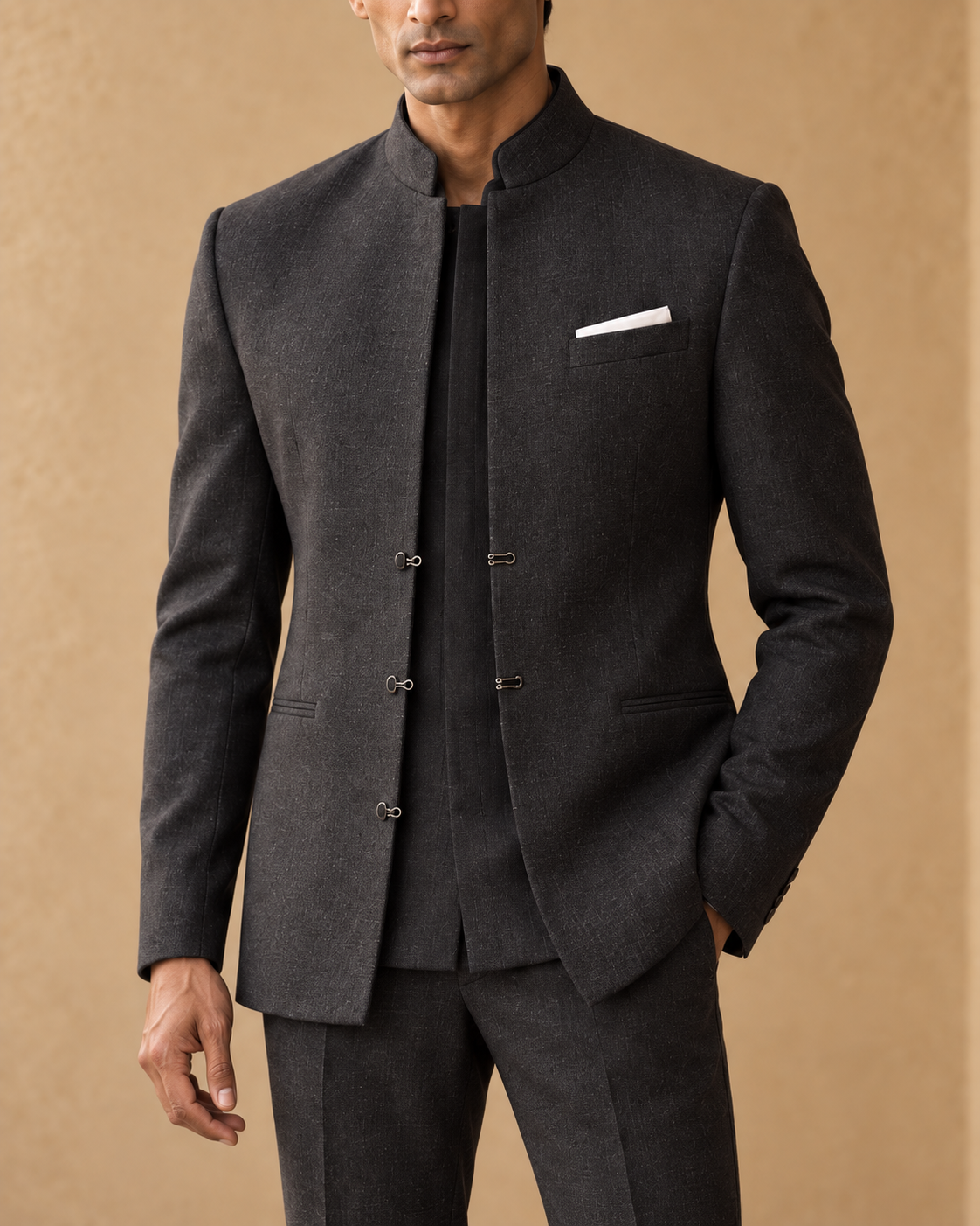 The Jodhpur Neo tonal panel, standing collar and clasp detail