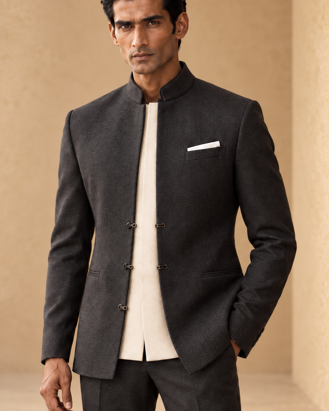 The Jodhpur Neo contrast panel, standing collar and clasp detail