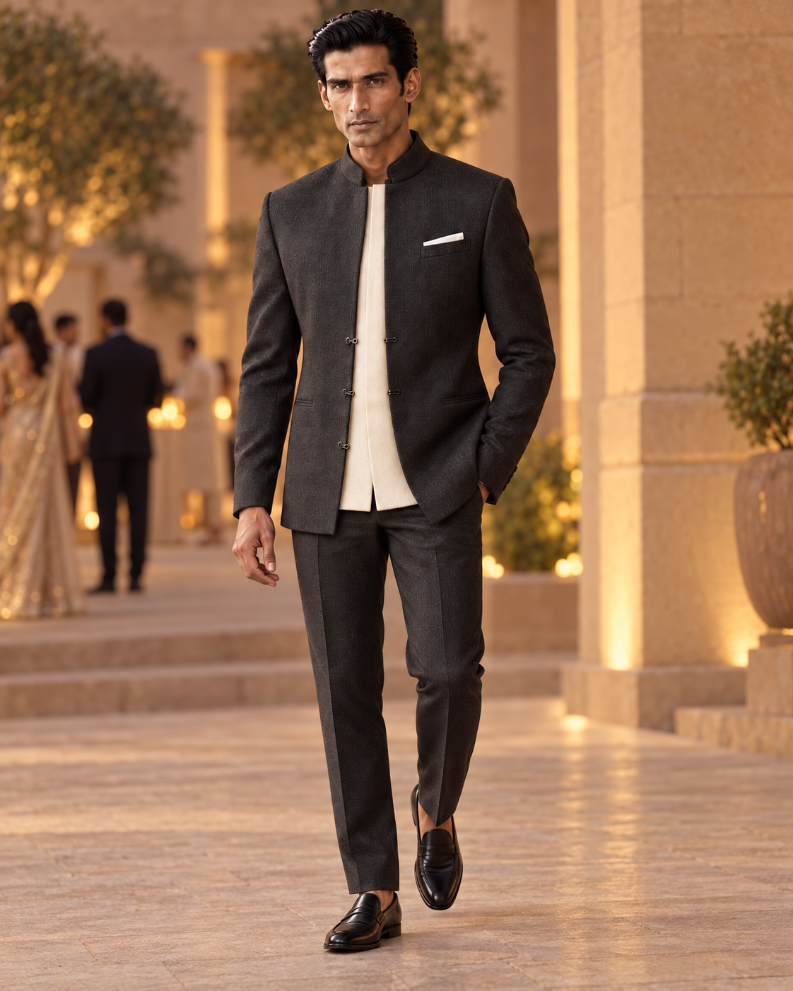 The Jodhpur Neo contrast panel, worn at an evening reception