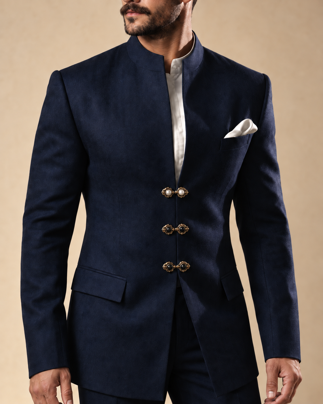 The Jodhpur midnight-navy Jodhpur suit, standing collar and clasp detail