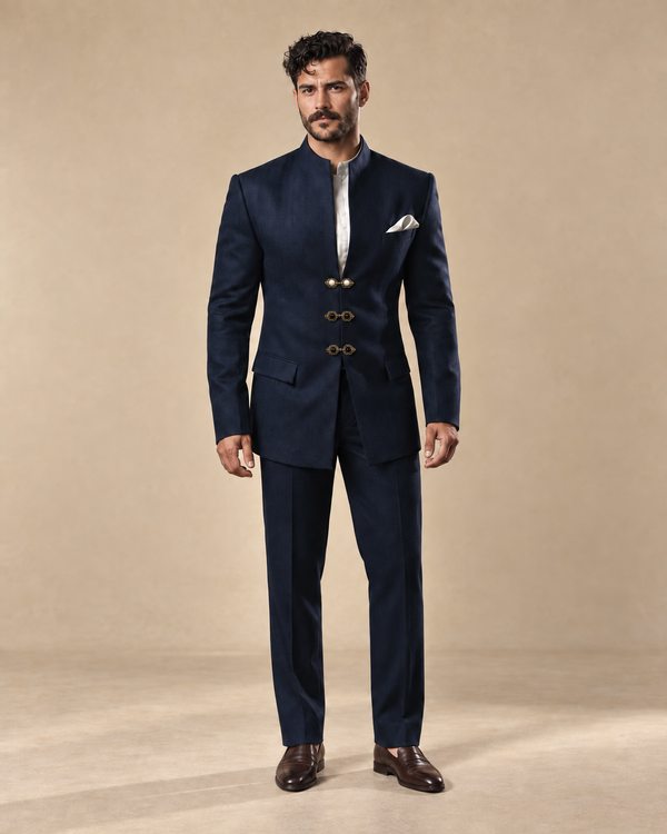 The Jodhpur midnight-navy fine-wool Jodhpur suit, front full-length view