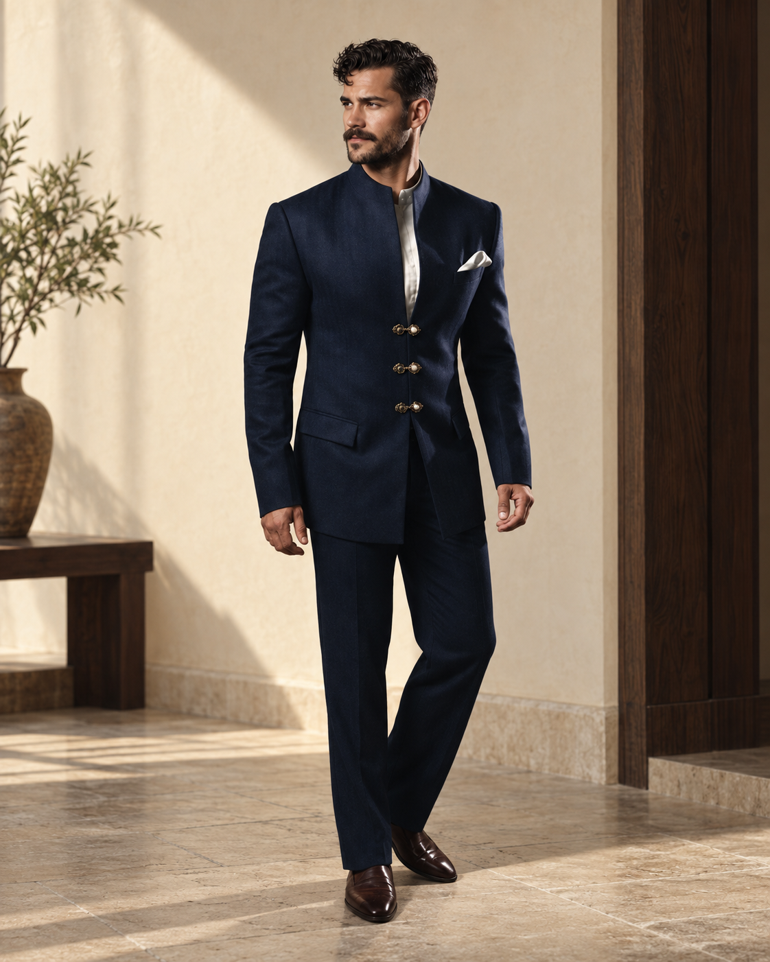 The Jodhpur midnight-navy Jodhpur suit styled for a wedding reception