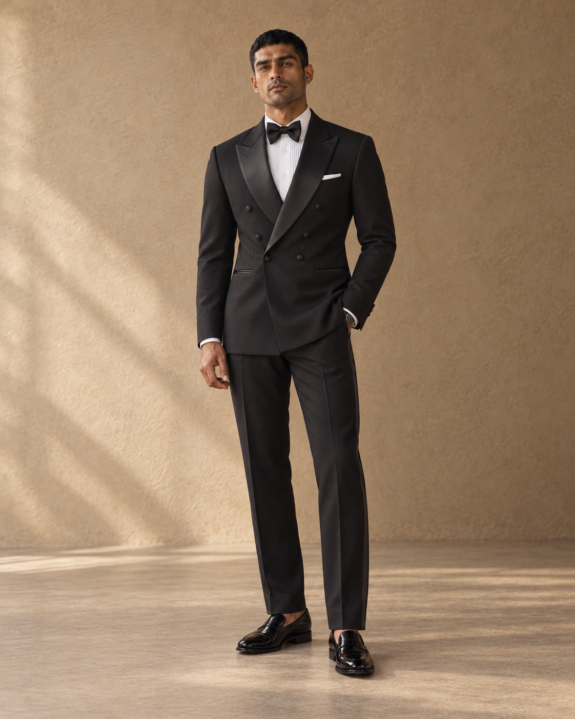 The Nocturne black double-breasted fine-wool tuxedo, front full-length view
