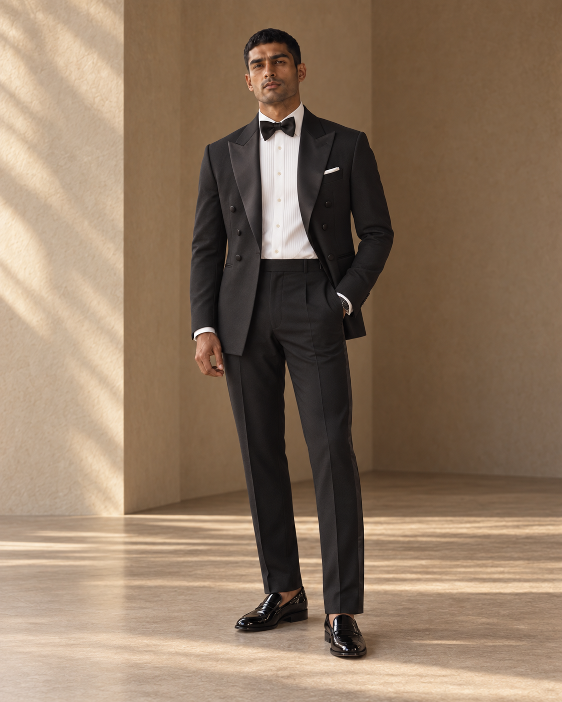 The Nocturne black double-breasted fine-wool tuxedo, jacket-open fit view