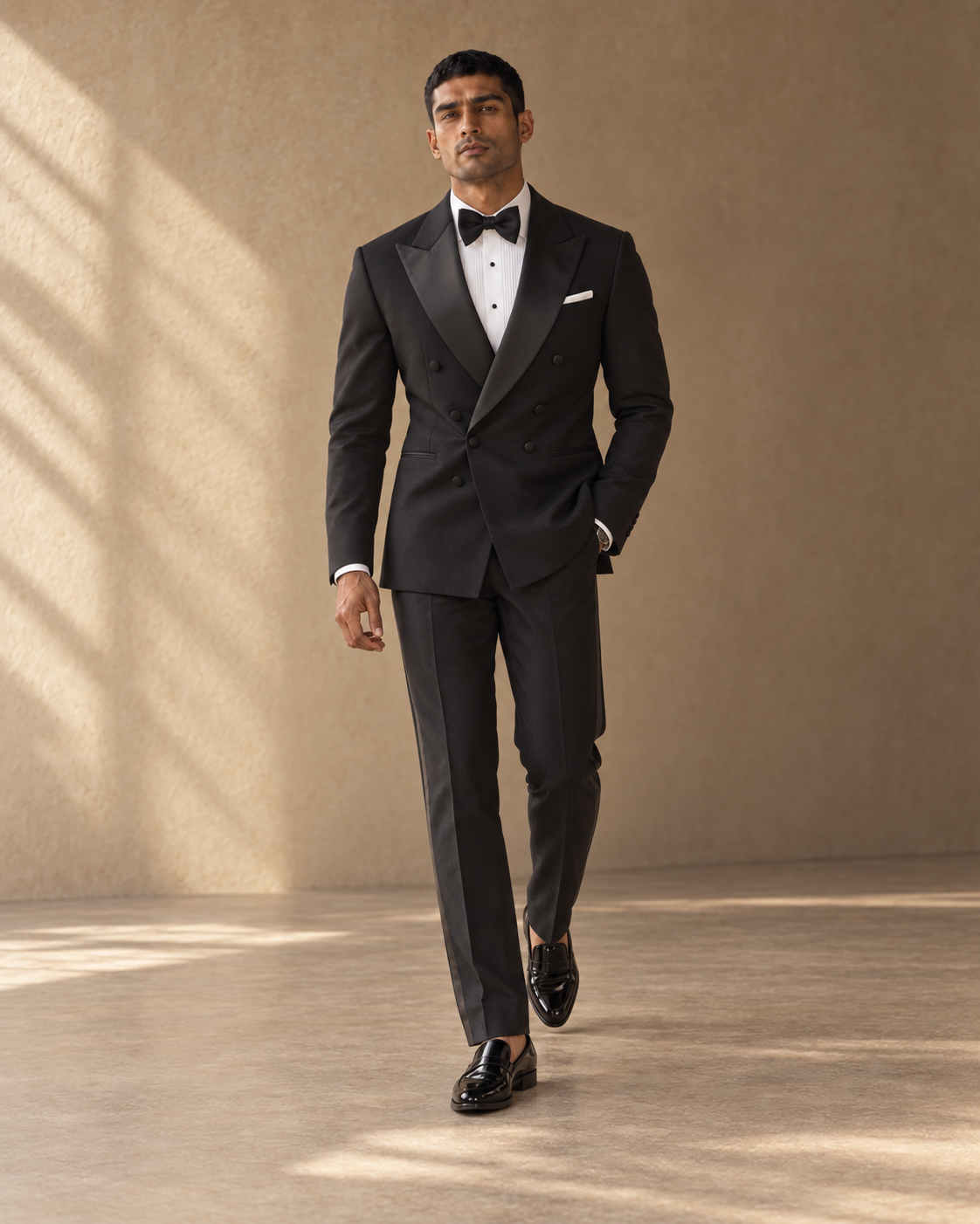The Nocturne black double-breasted fine-wool tuxedo shown in movement