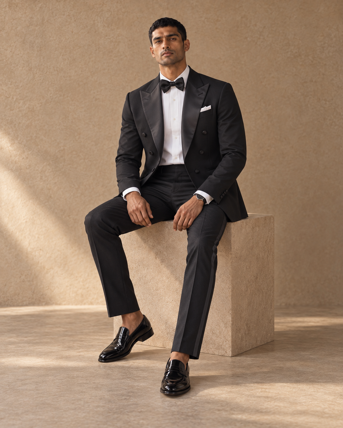 The Nocturne black double-breasted fine-wool tuxedo, seated fit view