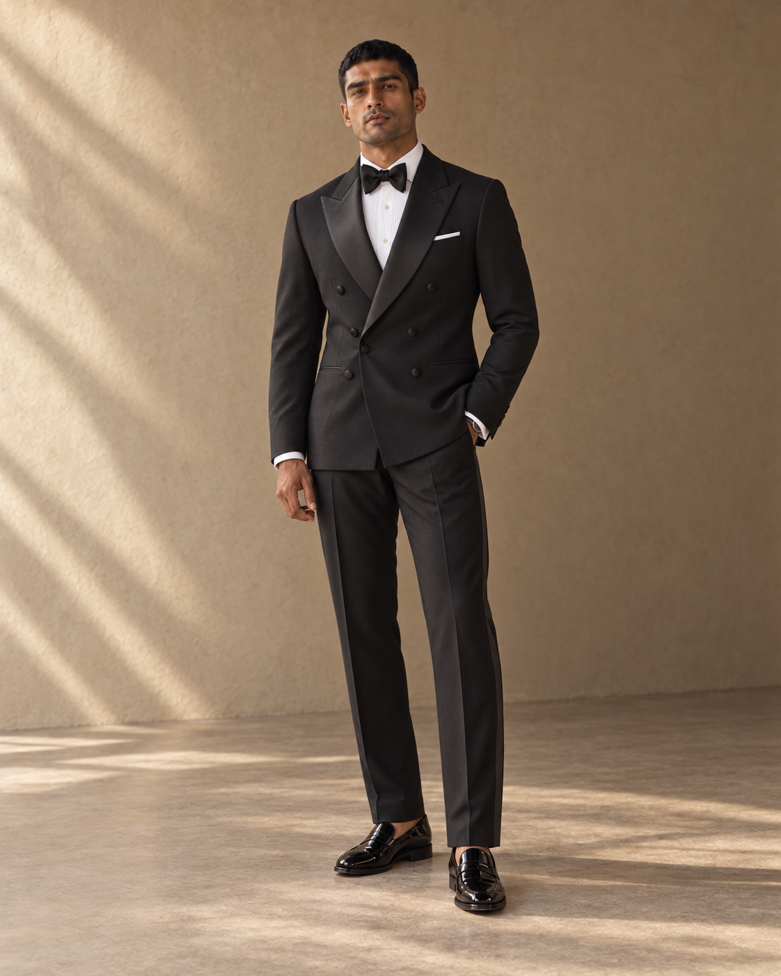The Nocturne black double-breasted fine-wool tuxedo, closed three-quarter view