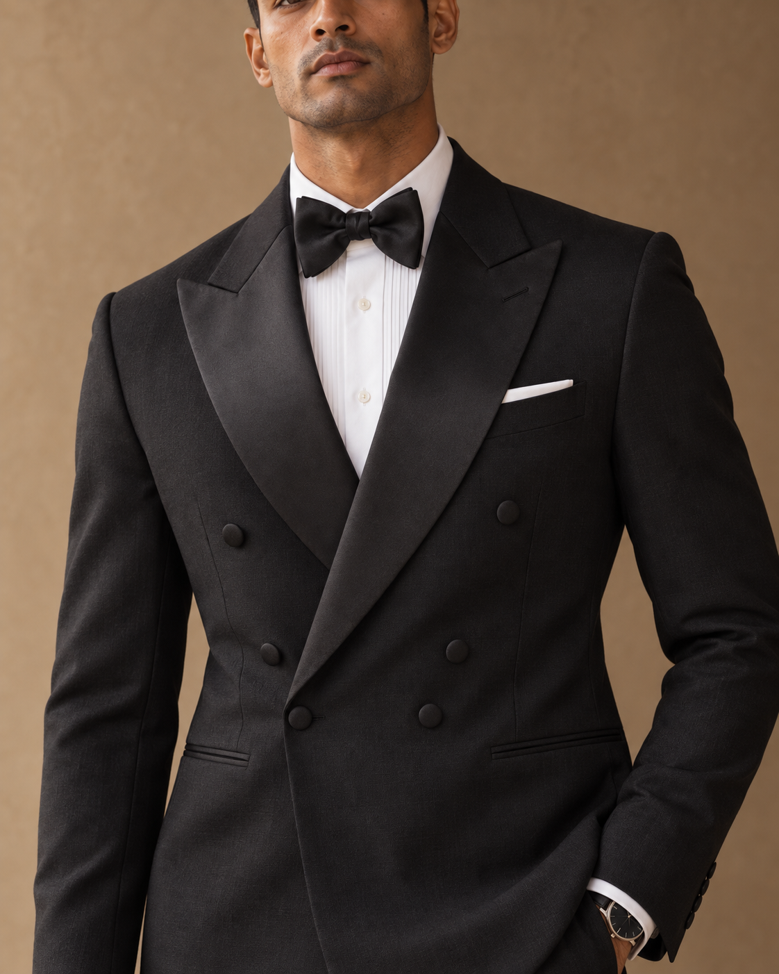 The Nocturne black fine-wool tuxedo, satin peak lapel and covered button detail