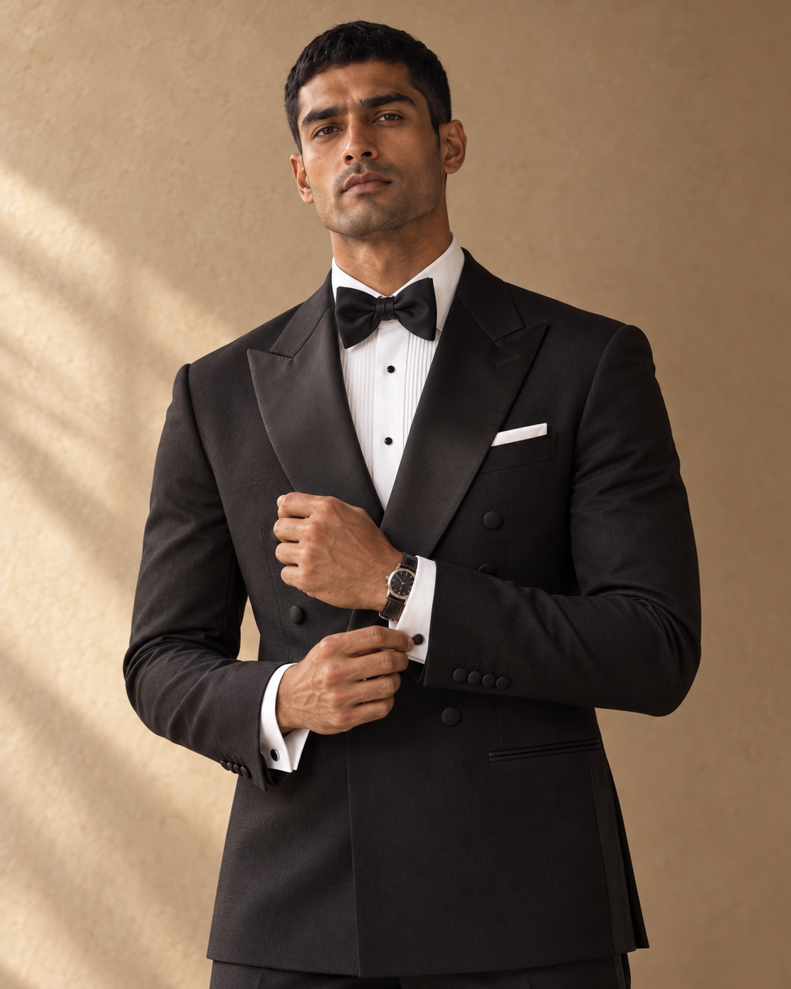 The Nocturne black fine-wool tuxedo, sleeve cuff detail