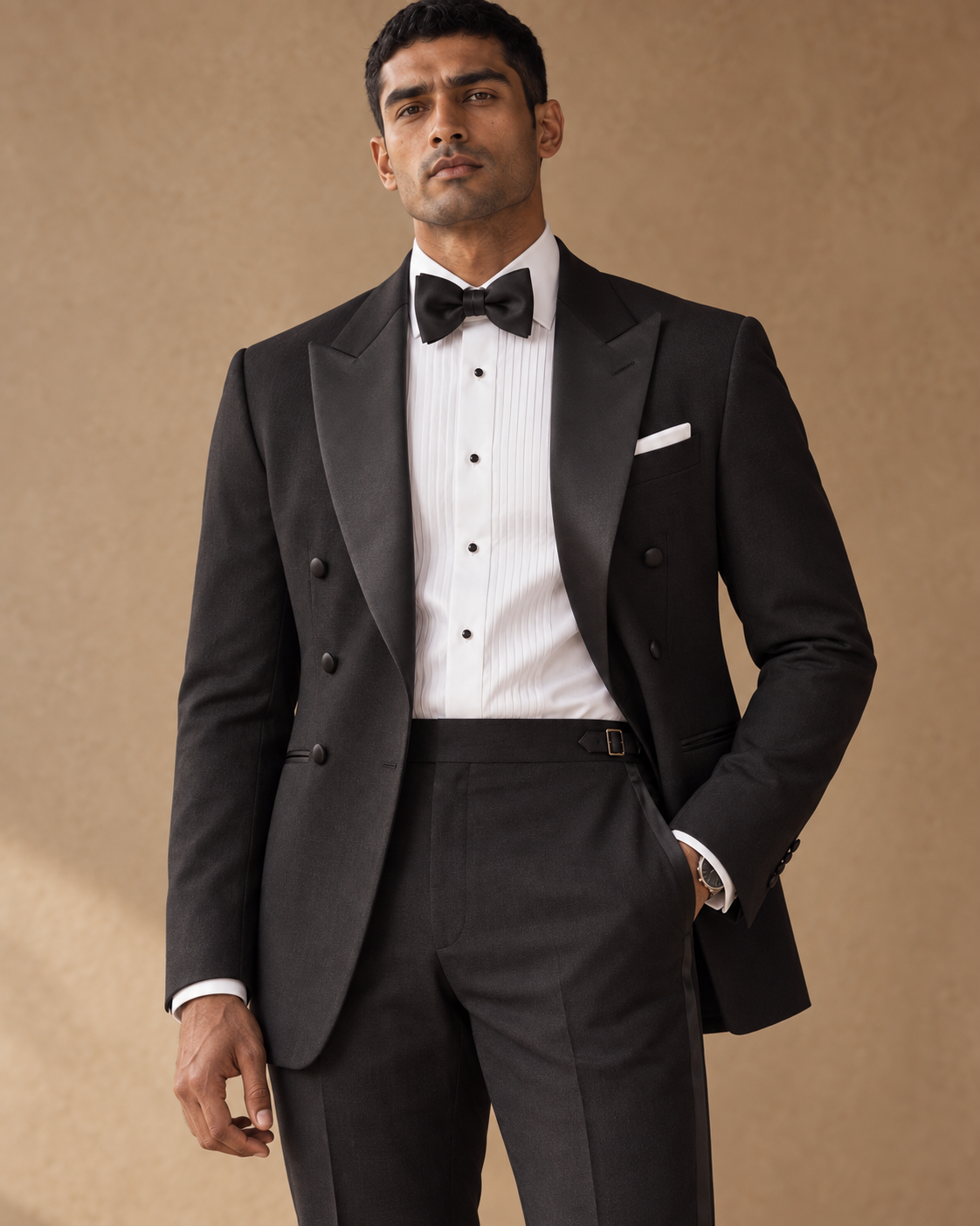 The Nocturne black fine-wool tuxedo, trouser side adjuster detail