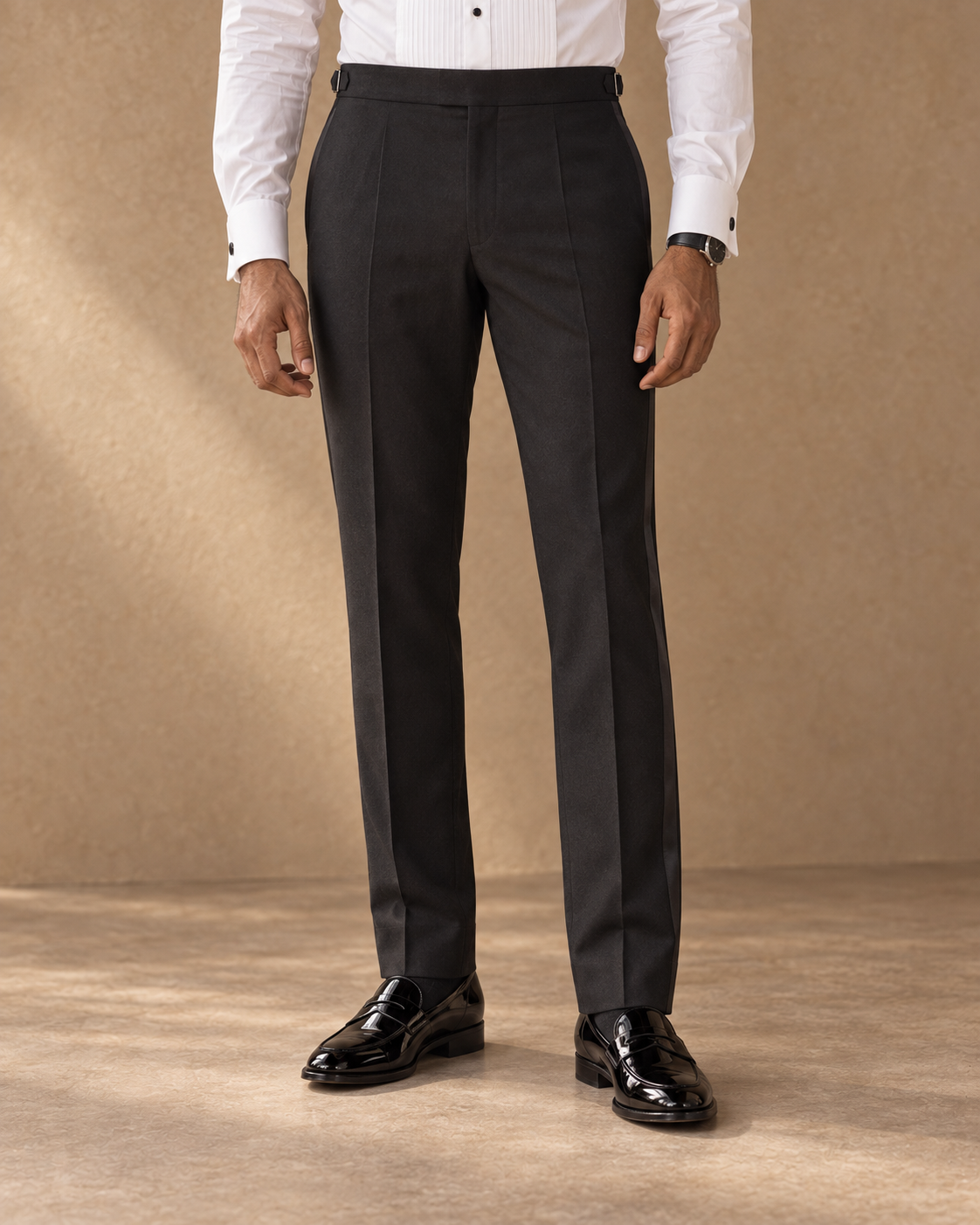 The Nocturne black fine-wool tuxedo, satin trouser stripe and straight leg line