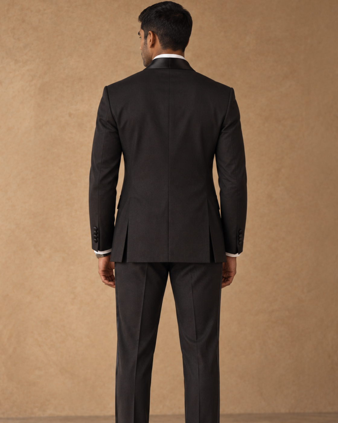 The Nocturne black fine-wool tuxedo, rear jacket construction detail