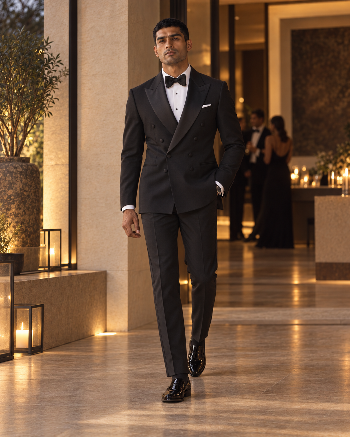 The Nocturne black fine-wool tuxedo styled for an evening gala