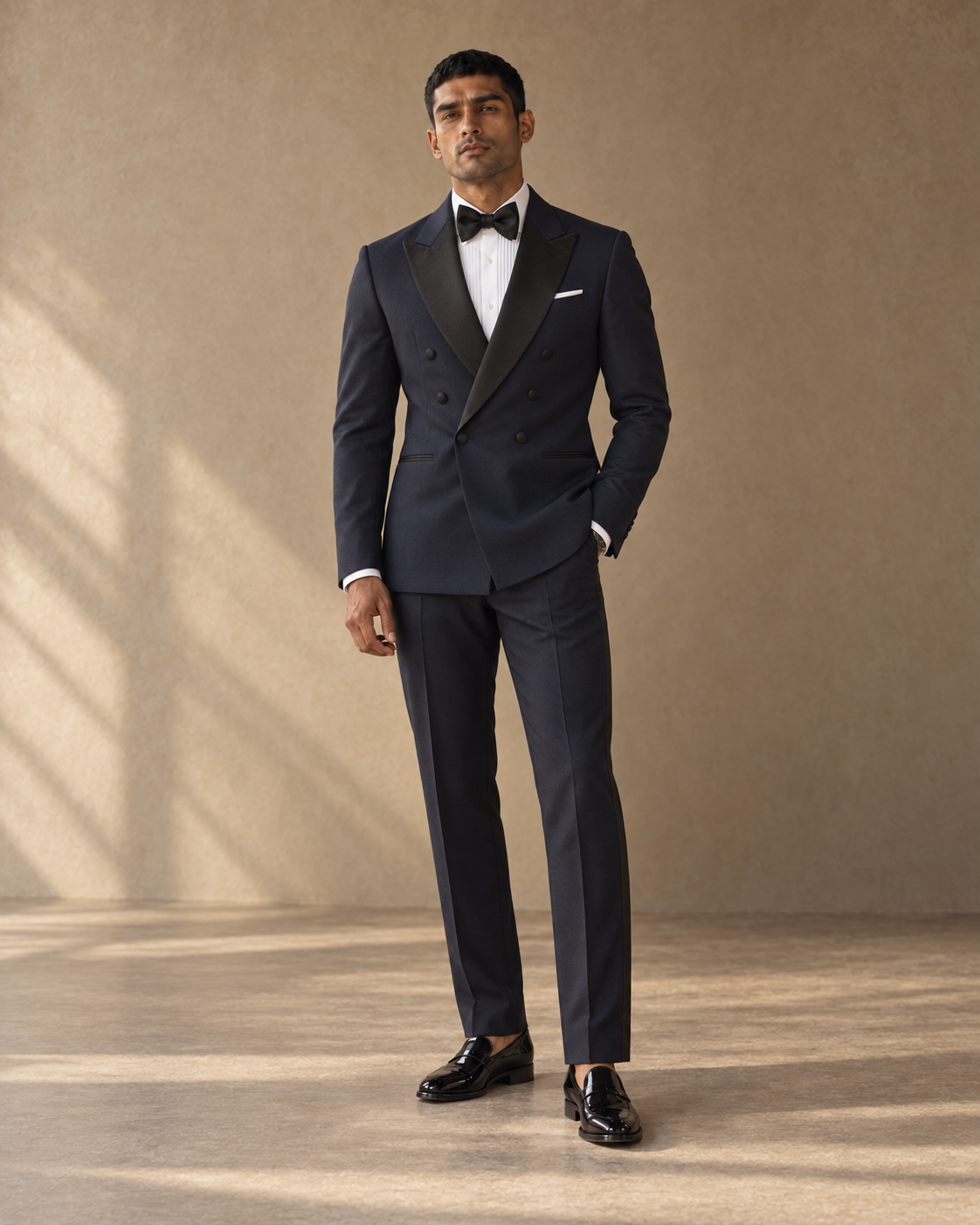 The Nocturne midnight-blue double-breasted fine-wool tuxedo, front full-length view