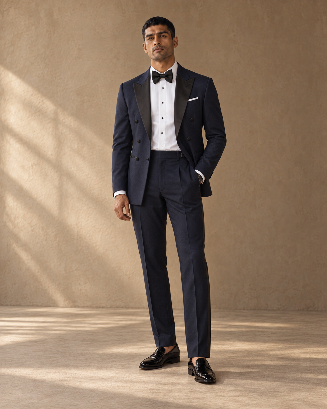 The Nocturne midnight-blue double-breasted fine-wool tuxedo, jacket-open fit view