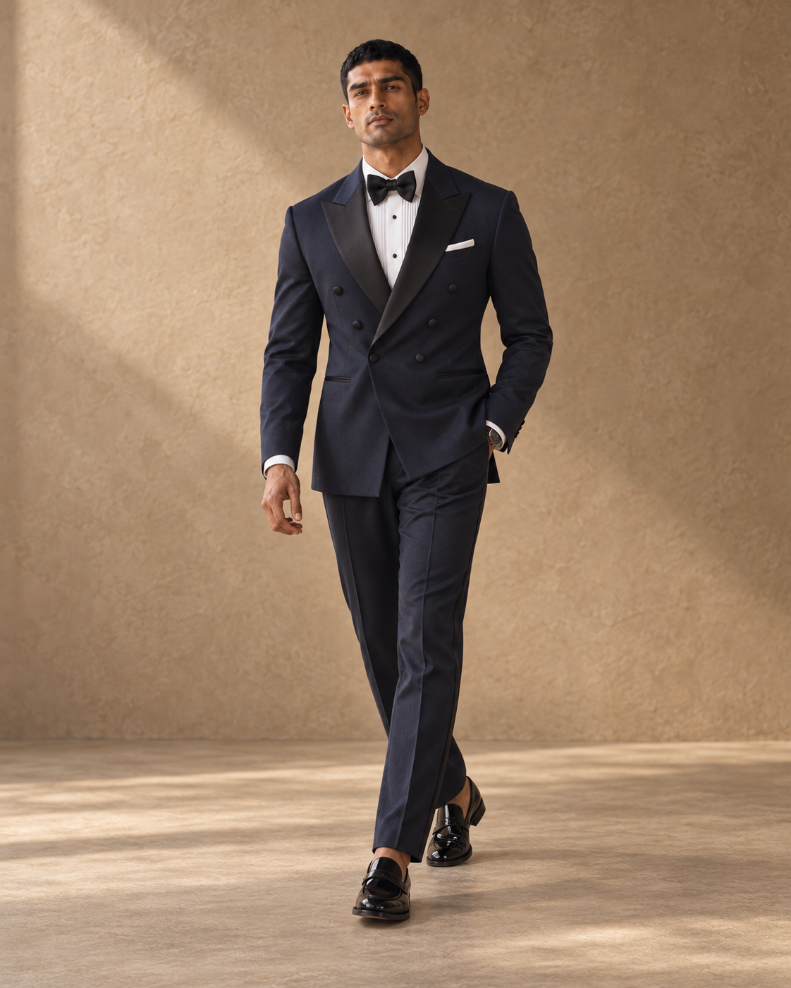 The Nocturne midnight-blue double-breasted fine-wool tuxedo shown in movement