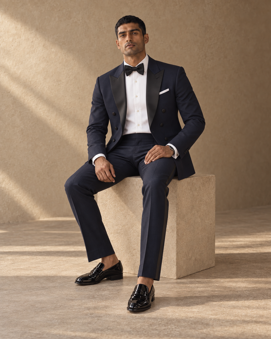 The Nocturne midnight-blue double-breasted fine-wool tuxedo, seated fit view