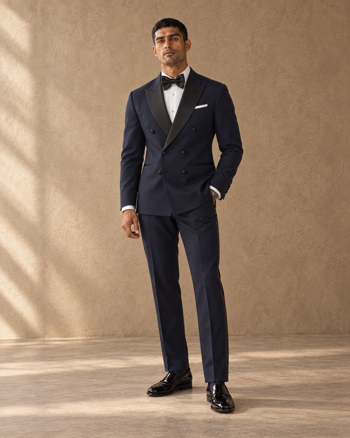 The Nocturne midnight-blue double-breasted fine-wool tuxedo, closed three-quarter view
