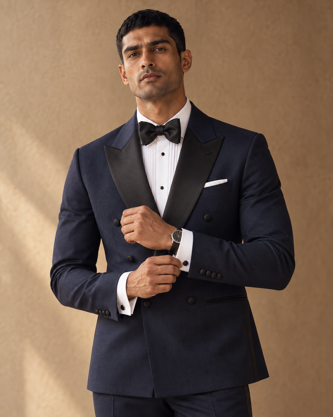The Nocturne midnight-blue fine-wool tuxedo, sleeve cuff detail