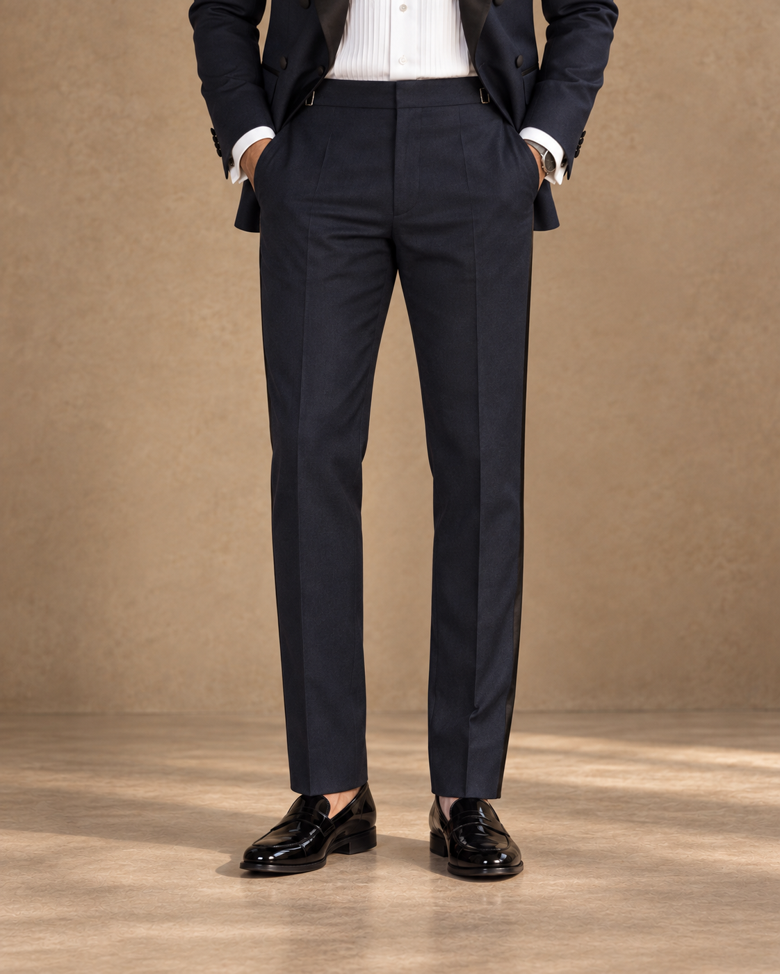 The Nocturne midnight-blue fine-wool tuxedo, satin trouser stripe and straight leg line