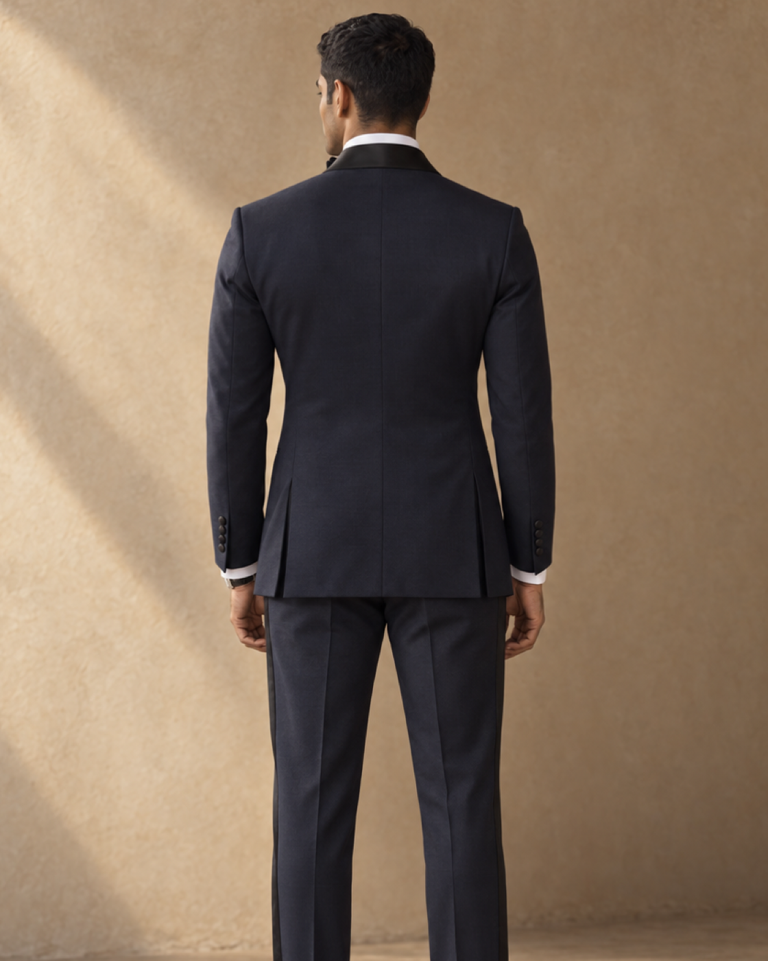 The Nocturne midnight-blue fine-wool tuxedo, rear jacket construction detail