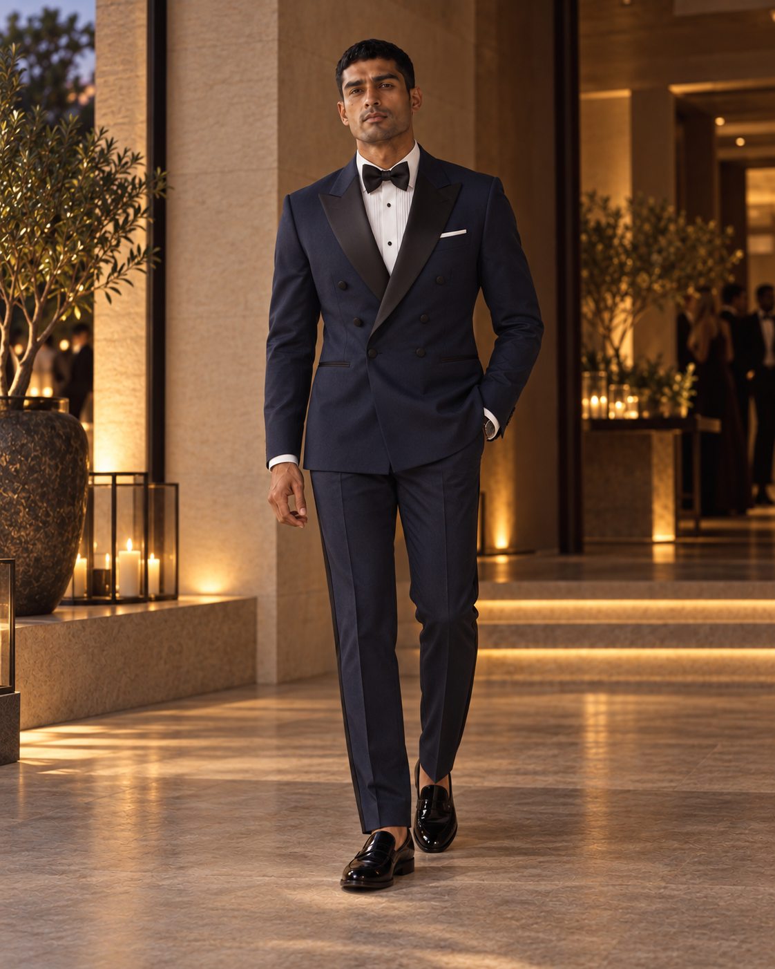 The Nocturne midnight-blue fine-wool tuxedo styled for an evening reception