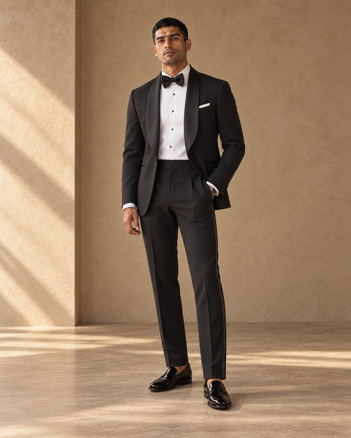 The Vesper black shawl-collar fine-wool tuxedo, jacket-open fit view