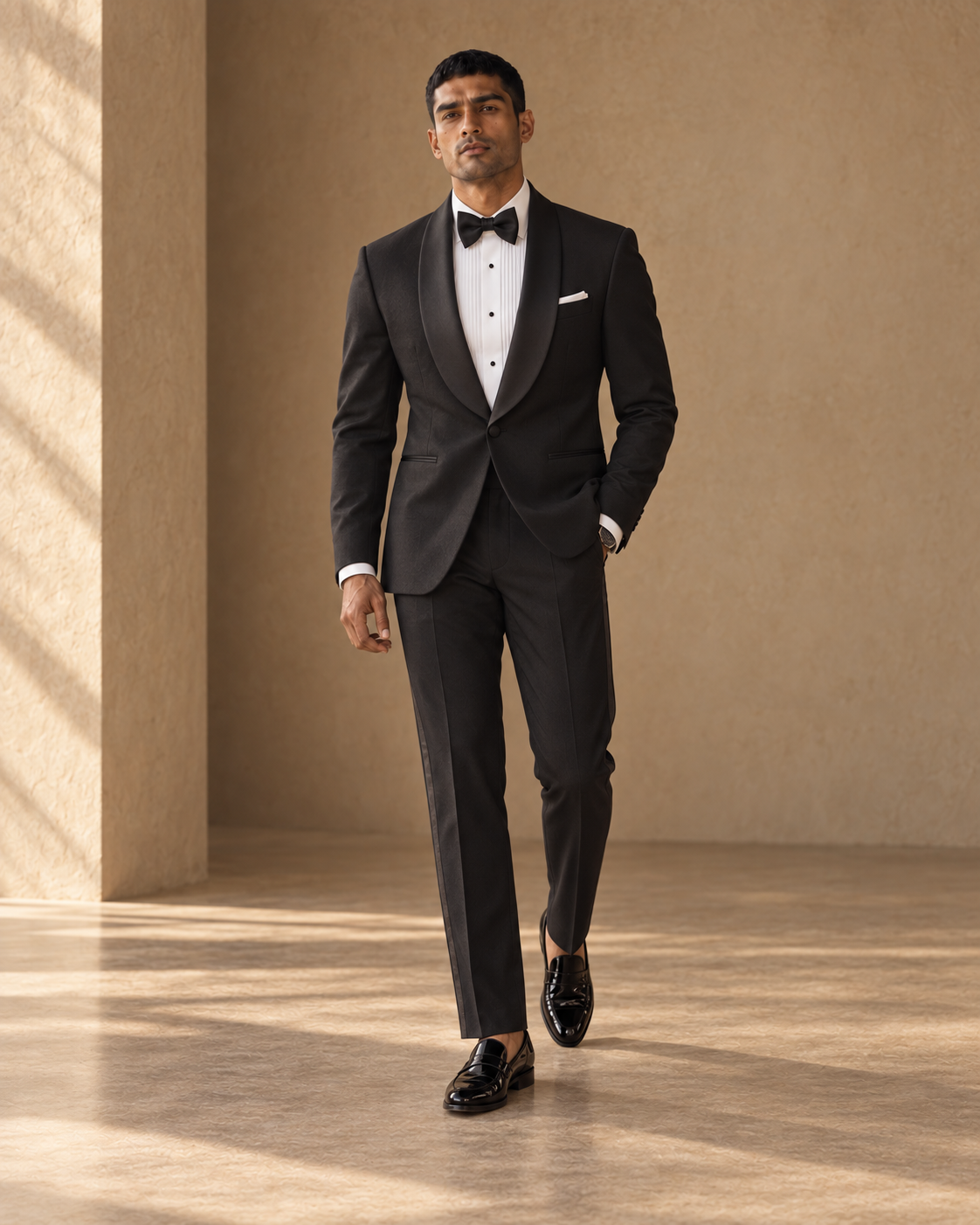 The Vesper black shawl-collar fine-wool tuxedo shown in movement