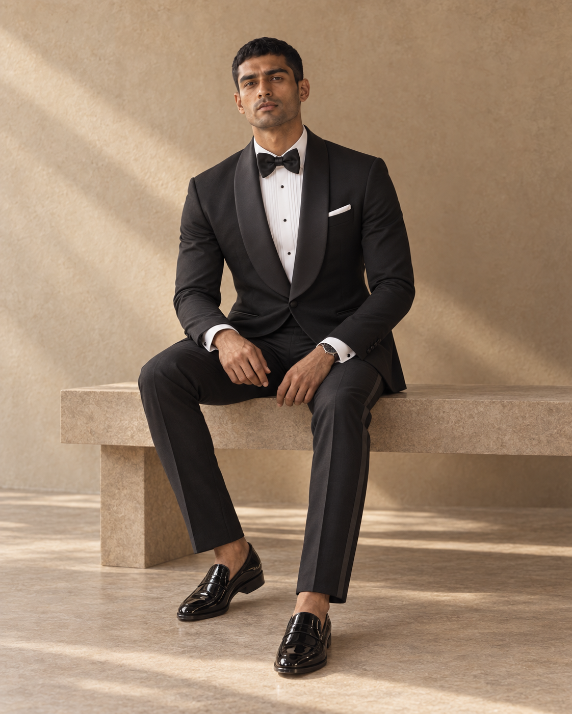 The Vesper black shawl-collar fine-wool tuxedo, seated fit view