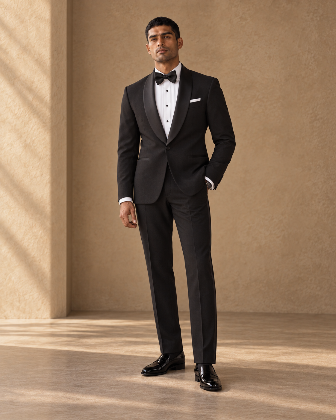 The Vesper black shawl-collar fine-wool tuxedo, closed three-quarter view
