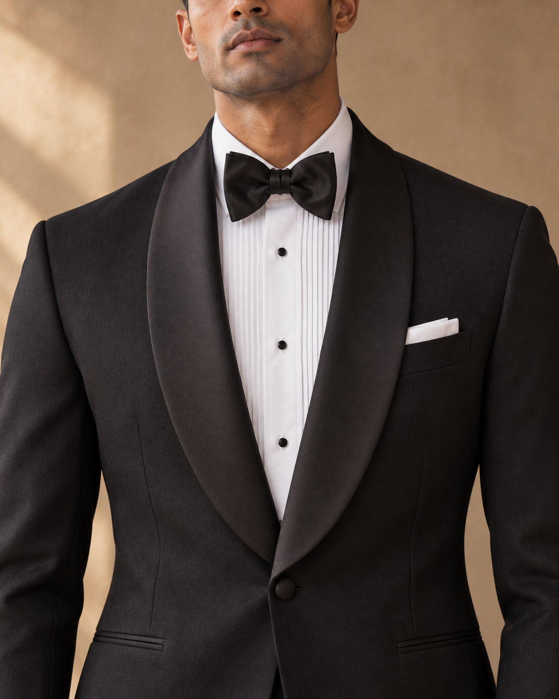 The Vesper black fine-wool tuxedo, satin shawl collar detail